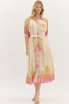 Border Print Midi Dress W/Self Belt - Lush Lemon - Women&