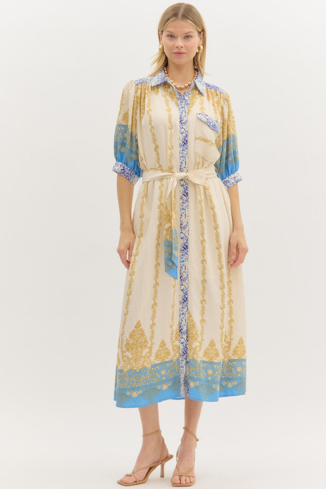 Border Print Midi Dress W/Self Belt - Lush Lemon - Women's Clothing - Entro - 58574401333245