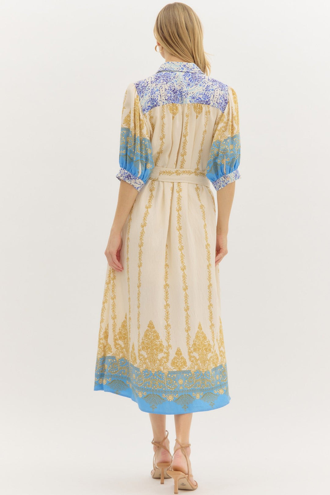 Border Print Midi Dress W/Self Belt - Lush Lemon - Women's Clothing - Entro - 58574401333245
