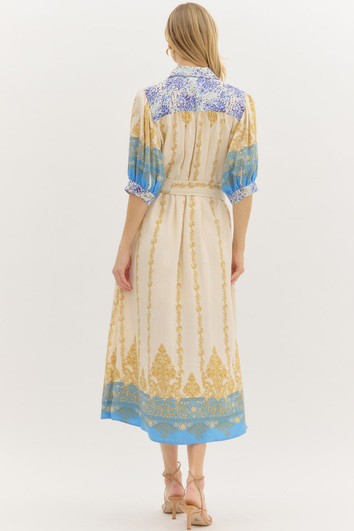 Border Print Midi Dress W/Self Belt - Lush Lemon - Women's Clothing - Entro - 58574401333245