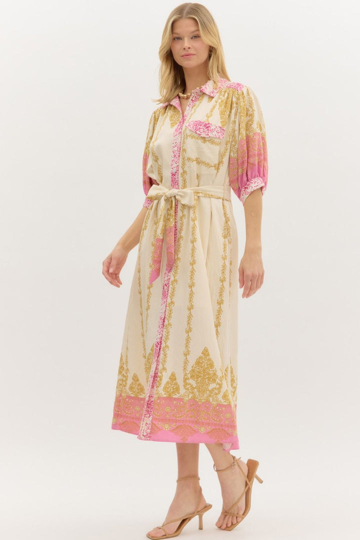 Border Print Midi Dress W/Self Belt - Lush Lemon - Women's Clothing - Entro - 58574401333245