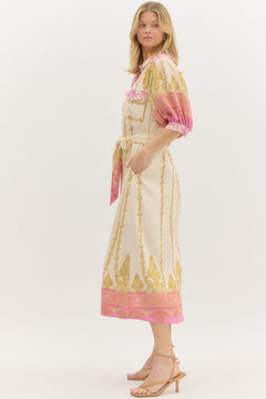 Border Print Midi Dress W/Self Belt - Lush Lemon - Women&