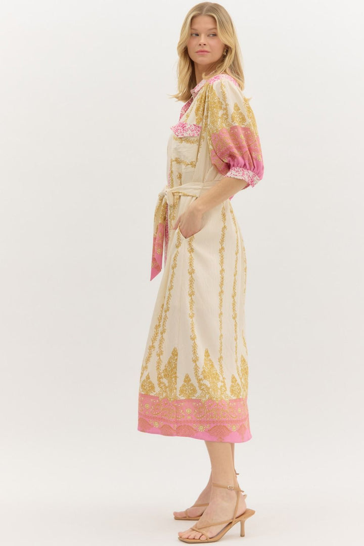 Border Print Midi Dress W/Self Belt - Lush Lemon - Women's Clothing - Entro - 58574401333245