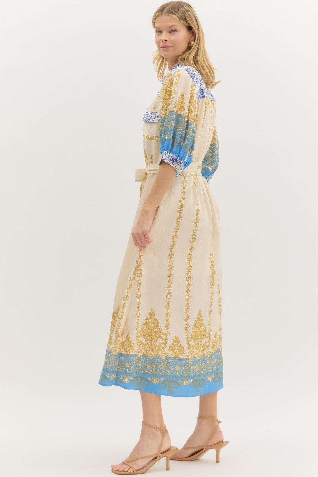 Border Print Midi Dress W/Self Belt - Lush Lemon - Women's Clothing - Entro - 58574401333245