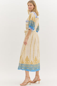 Border Print Midi Dress W/Self Belt - Lush Lemon - Women&