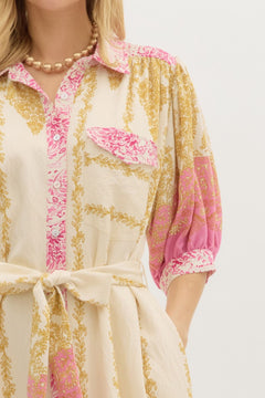 Border Print Midi Dress W/Self Belt - Lush Lemon - Women&