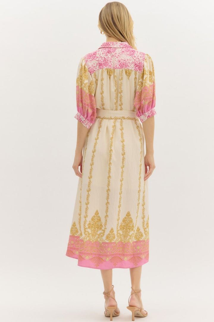 Border Print Midi Dress W/Self Belt - Lush Lemon - Women's Clothing - Entro - 58574401333245