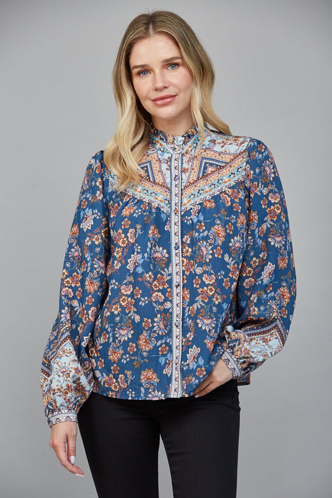 Border Print Ruffle Neck Blouse - Lush Lemon - Women's Clothing - Fate By LFD - 79756981018781