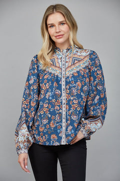 Border Print Ruffle Neck Blouse - Lush Lemon - Women&