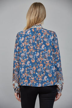 Border Print Ruffle Neck Blouse - Lush Lemon - Women&