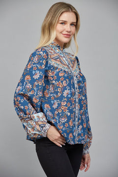 Border Print Ruffle Neck Blouse - Lush Lemon - Women&