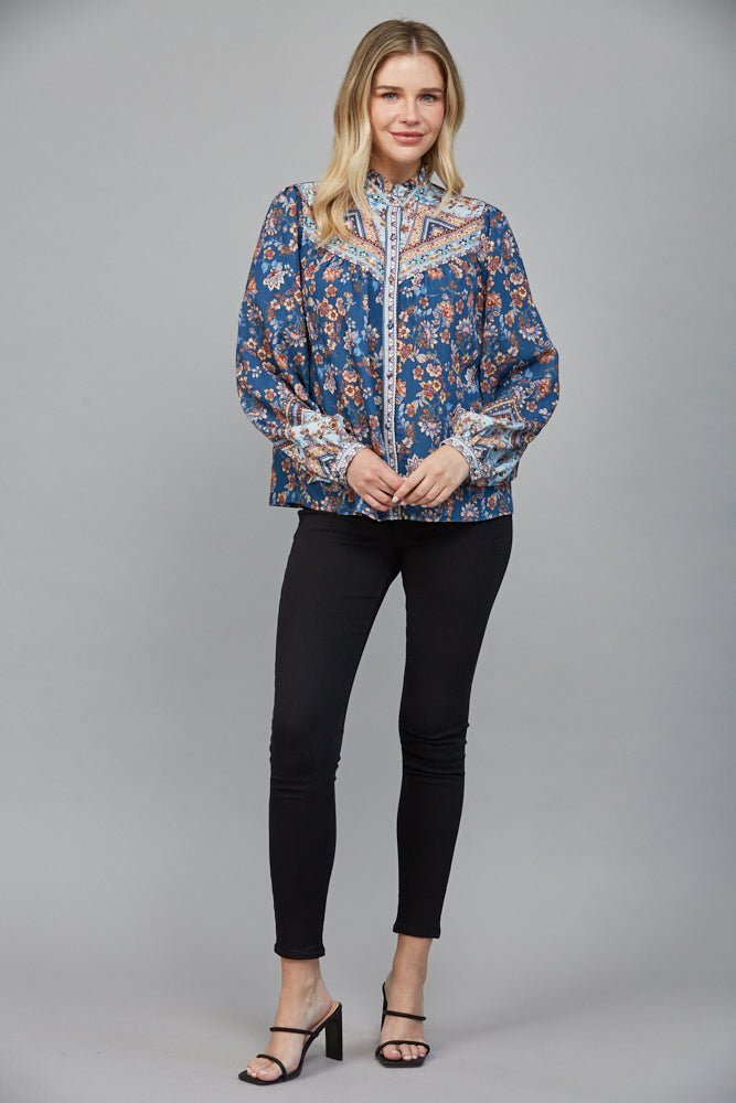 Border Print Ruffle Neck Blouse - Lush Lemon - Women's Clothing - Fate By LFD - 79756981018781