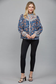 Border Print Ruffle Neck Blouse - Lush Lemon - Women&