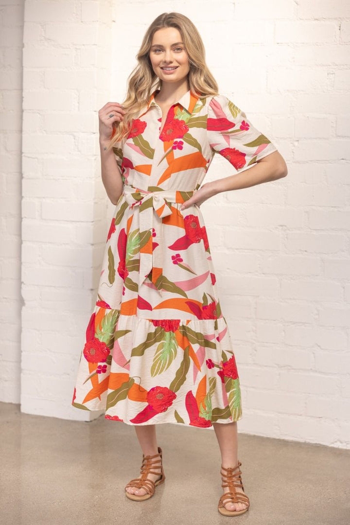 Botanical Belted Midi Dress - Lush Lemon - Women's Clothing - Voy - 60246411043421