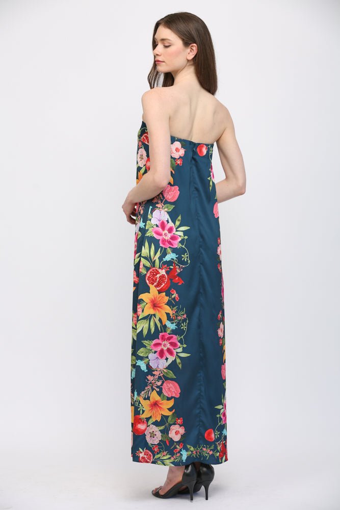Botanical Border Print Strapless Maxi Dress - Lush Lemon - Women's Clothing - Fate By LFD - 83449171044157