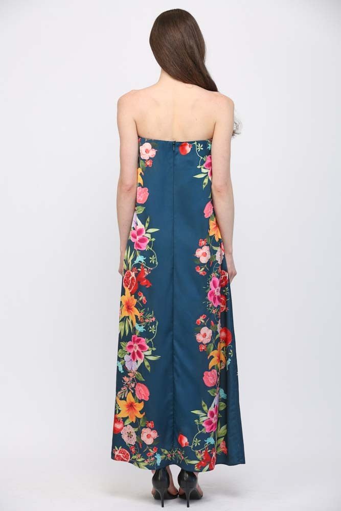 Botanical Border Print Strapless Maxi Dress - Lush Lemon - Women's Clothing - Fate By LFD - 83449171044157