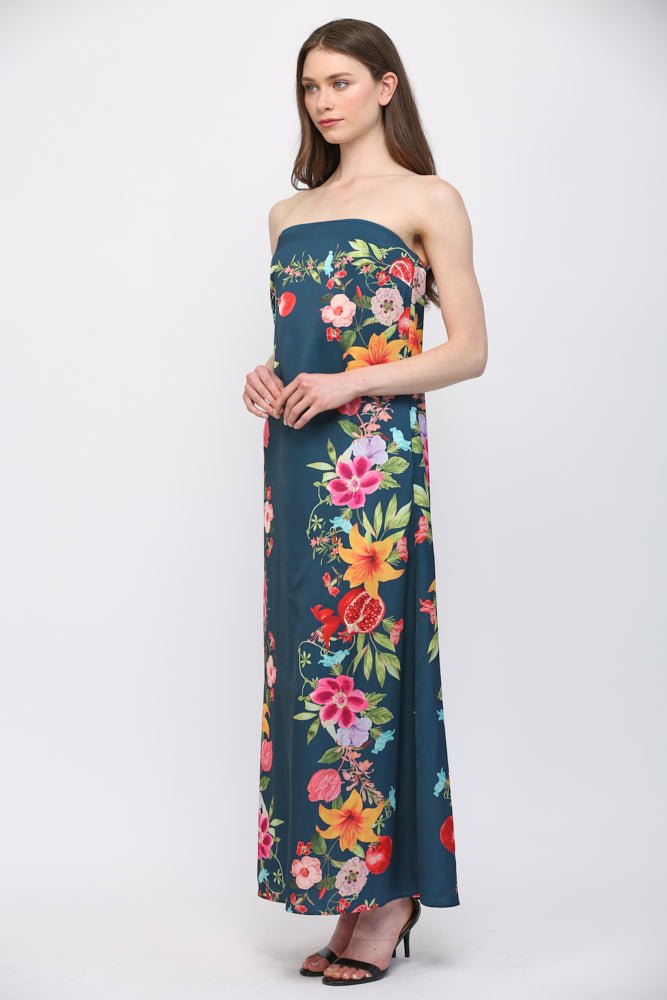 Botanical Border Print Strapless Maxi Dress - Lush Lemon - Women's Clothing - Fate By LFD - 83449171044157