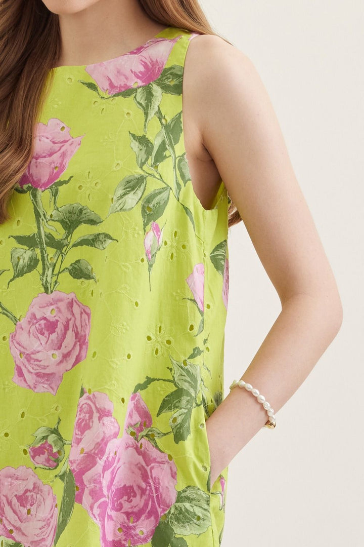 Botanical Bow Back Mini Dress - Lush Lemon - Women's Clothing - Entro - 57554231002237