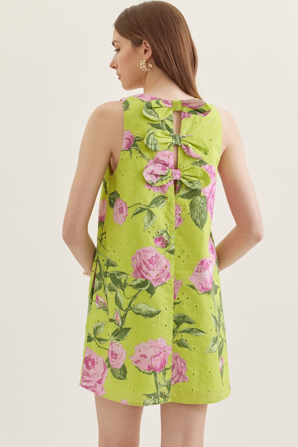 Botanical Bow Back Mini Dress - Lush Lemon - Women's Clothing - Entro - 57554231002237