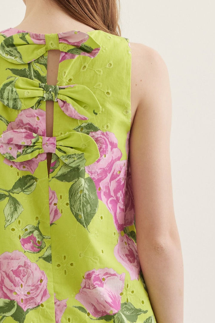Botanical Bow Back Mini Dress - Lush Lemon - Women's Clothing - Entro - 57554231002237
