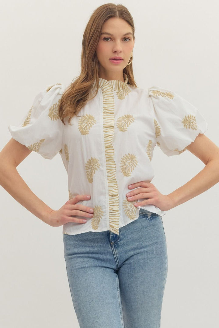Botanical Embroidered Puff Sleeve Top - Lush Lemon - Women's Clothing - Entro - 12494281007965