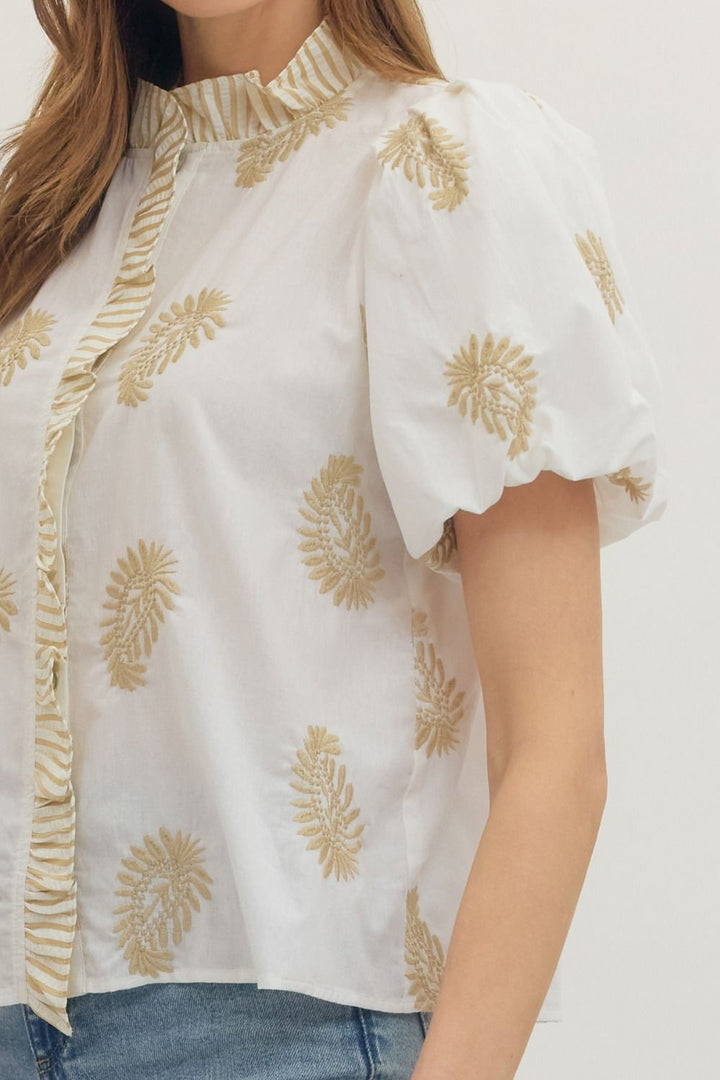 Botanical Embroidered Puff Sleeve Top - Lush Lemon - Women's Clothing - Entro - 12494281007965