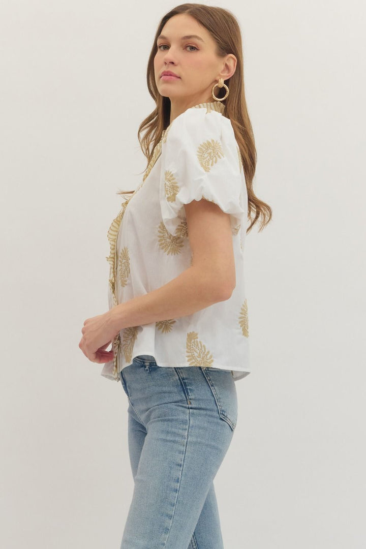 Botanical Embroidered Puff Sleeve Top - Lush Lemon - Women's Clothing - Entro - 12494281007965