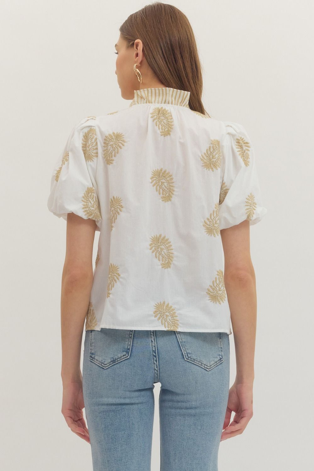 Botanical Embroidered Puff Sleeve Top - Lush Lemon - Women's Clothing - Entro - 12494281007965