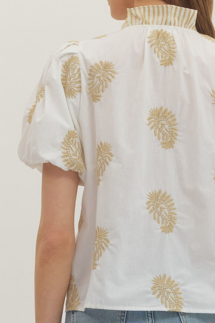 Botanical Embroidered Puff Sleeve Top - Lush Lemon - Women's Clothing - Entro - 12494281007965