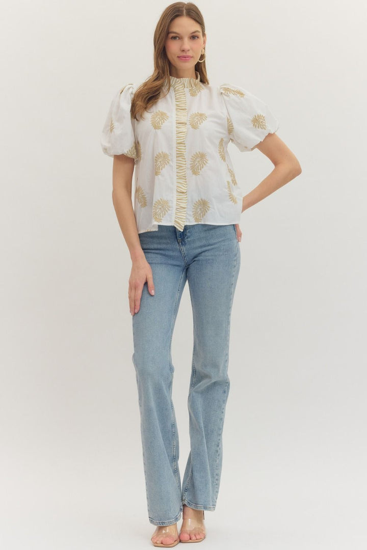 Botanical Embroidered Puff Sleeve Top - Lush Lemon - Women's Clothing - Entro - 12494281007965