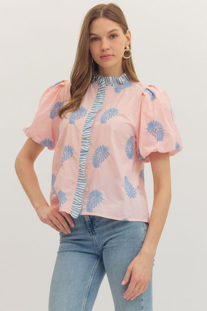 Botanical Embroidered Puff Sleeve Top - Lush Lemon - Women's Clothing - Entro - 82494281306269