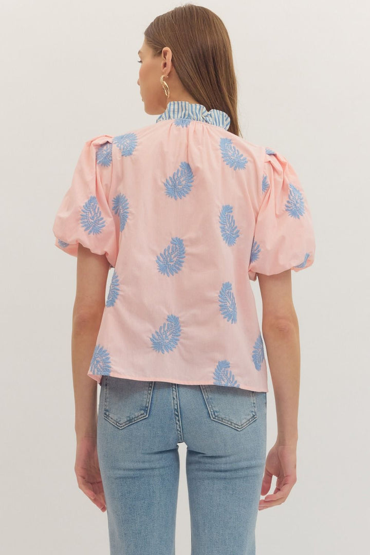 Botanical Embroidered Puff Sleeve Top - Lush Lemon - Women's Clothing - Entro - 82494281306269