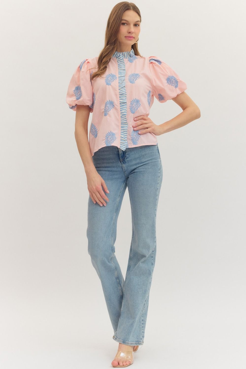 Botanical Embroidered Puff Sleeve Top - Lush Lemon - Women's Clothing - Entro - 82494281306269