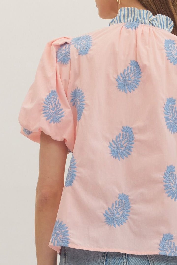 Botanical Embroidered Puff Sleeve Top - Lush Lemon - Women's Clothing - Entro - 82494281306269