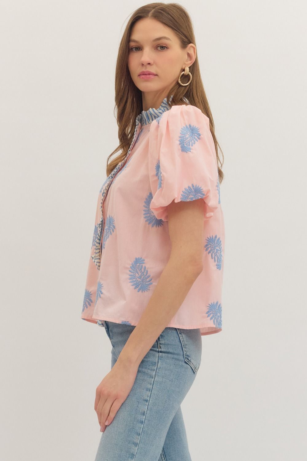 Botanical Embroidered Puff Sleeve Top - Lush Lemon - Women's Clothing - Entro - 82494281306269