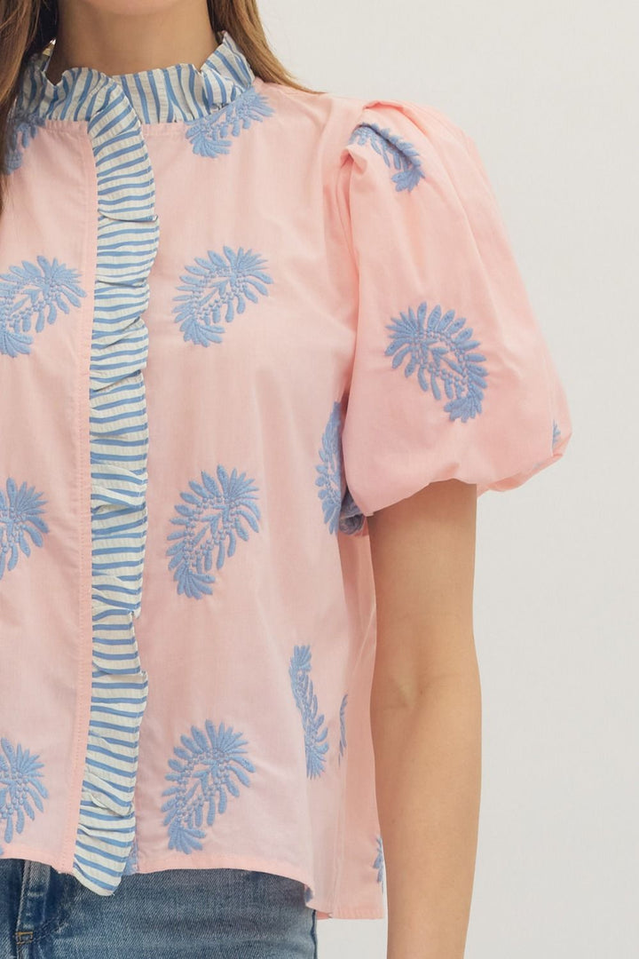 Botanical Embroidered Puff Sleeve Top - Lush Lemon - Women's Clothing - Entro - 82494281306269