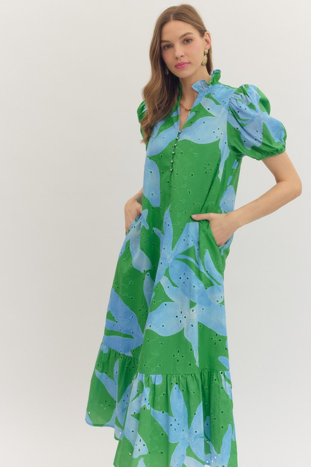 Botanical Eyelet Puff Sleeve Midi Dress - Lush Lemon - Women's Clothing - Entro - 24596161039997