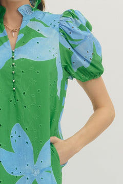 Botanical Eyelet Puff Sleeve Midi Dress - Lush Lemon - Women&