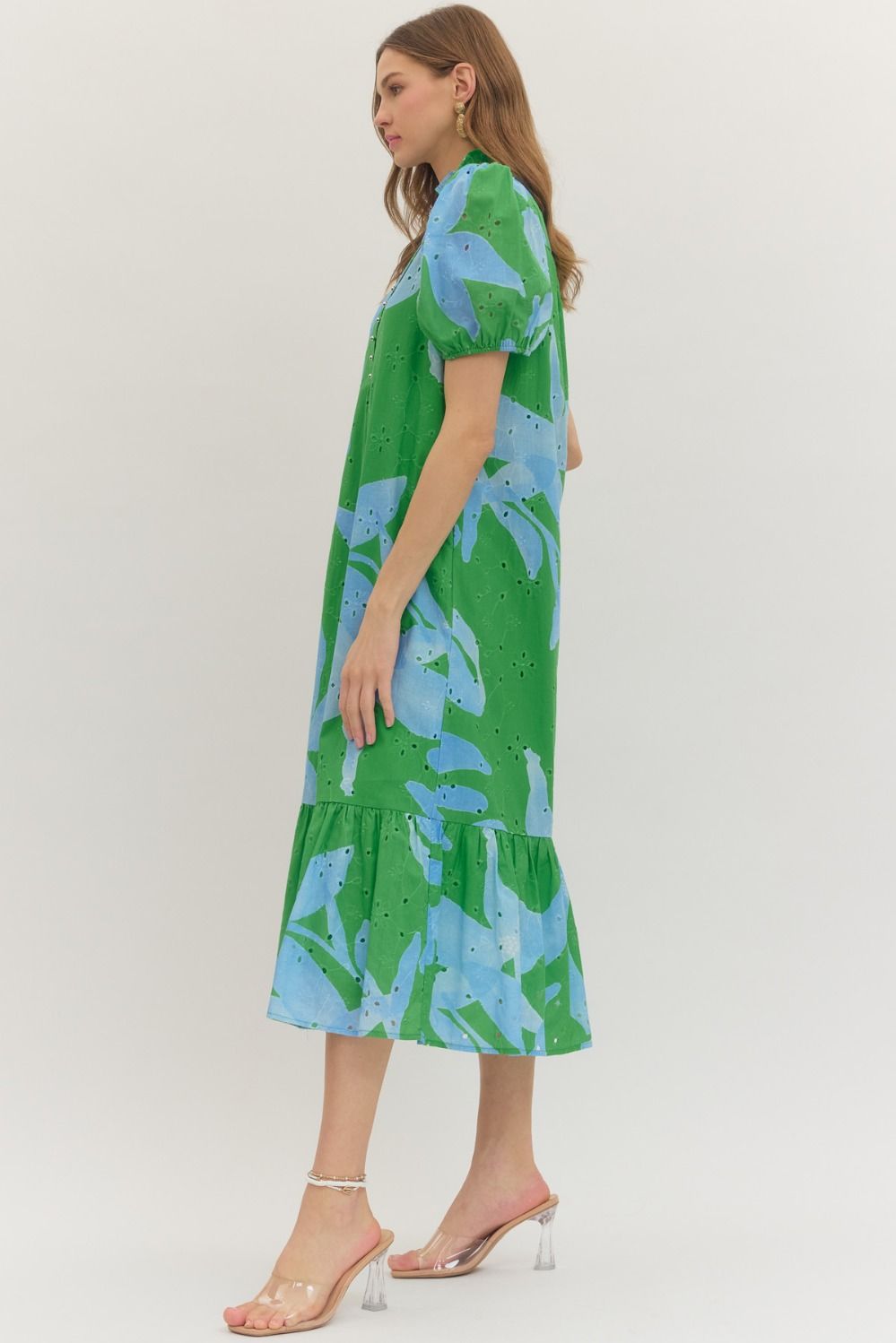 Botanical Eyelet Puff Sleeve Midi Dress - Lush Lemon - Women's Clothing - Entro - 24596161039997