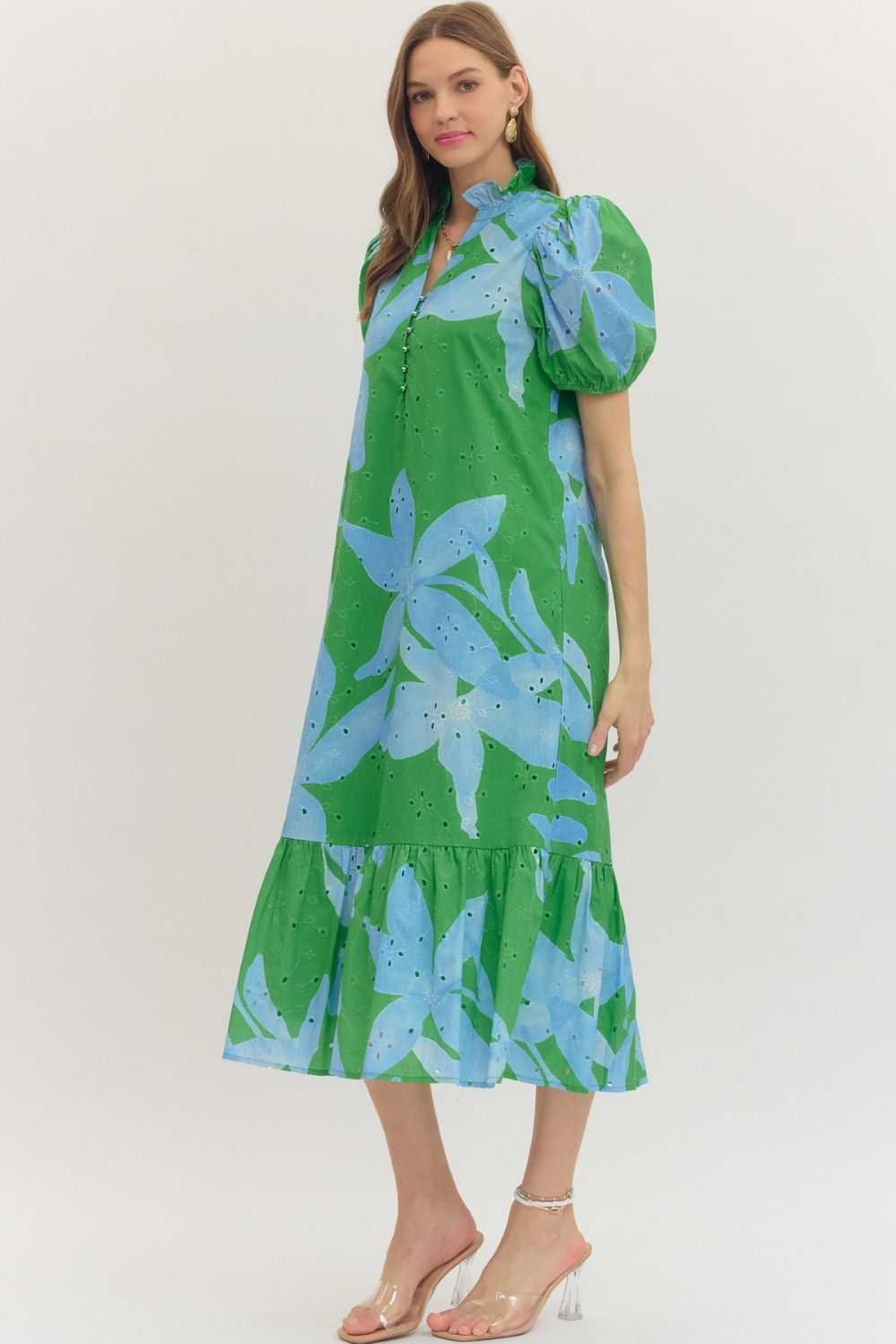 Botanical Eyelet Puff Sleeve Midi Dress - Lush Lemon - Women's Clothing - Entro - 24596161039997