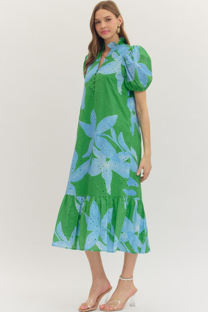 Botanical Eyelet Puff Sleeve Midi Dress - Lush Lemon - Women's Clothing - Entro - 24596161039997