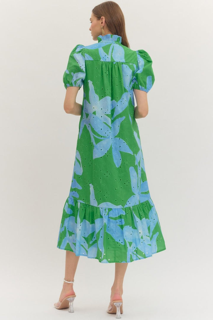 Botanical Eyelet Puff Sleeve Midi Dress - Lush Lemon - Women's Clothing - Entro - 24596161039997