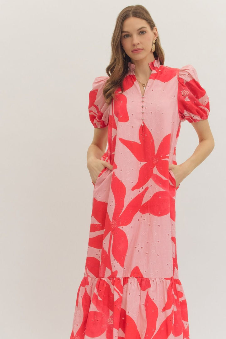 Botanical Eyelet Puff Sleeve Midi Dress - Lush Lemon - Women's Clothing - Entro - 24596161338301