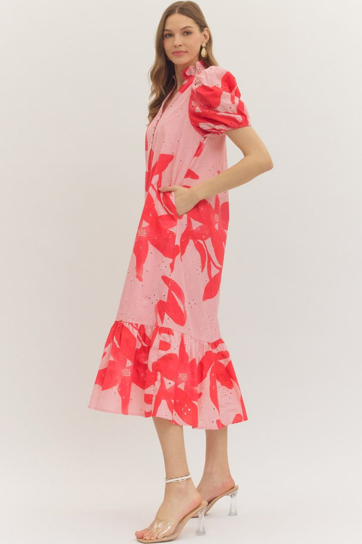 Botanical Eyelet Puff Sleeve Midi Dress - Lush Lemon - Women's Clothing - Entro - 24596161338301