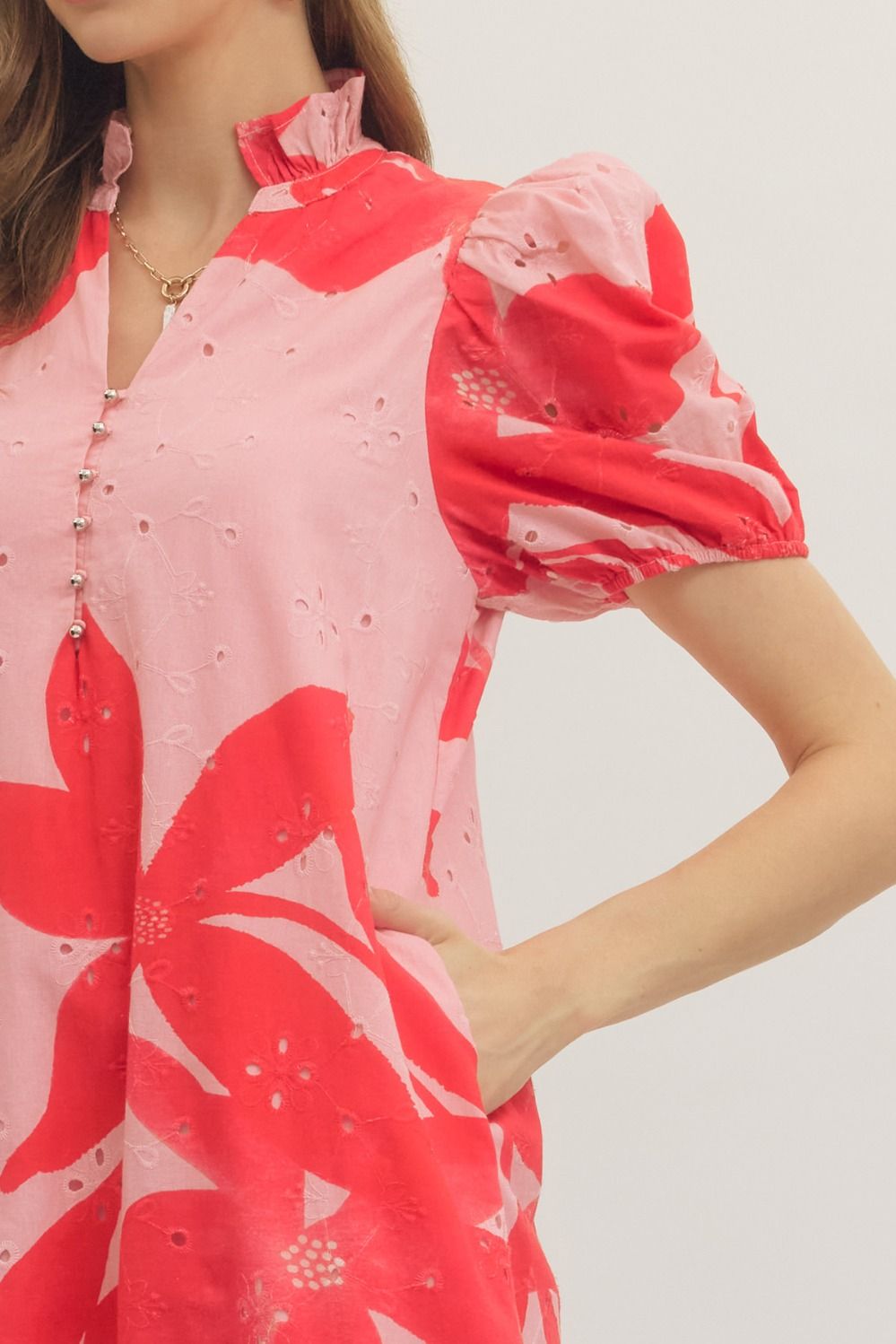 Botanical Eyelet Puff Sleeve Midi Dress - Lush Lemon - Women's Clothing - Entro - 24596161338301