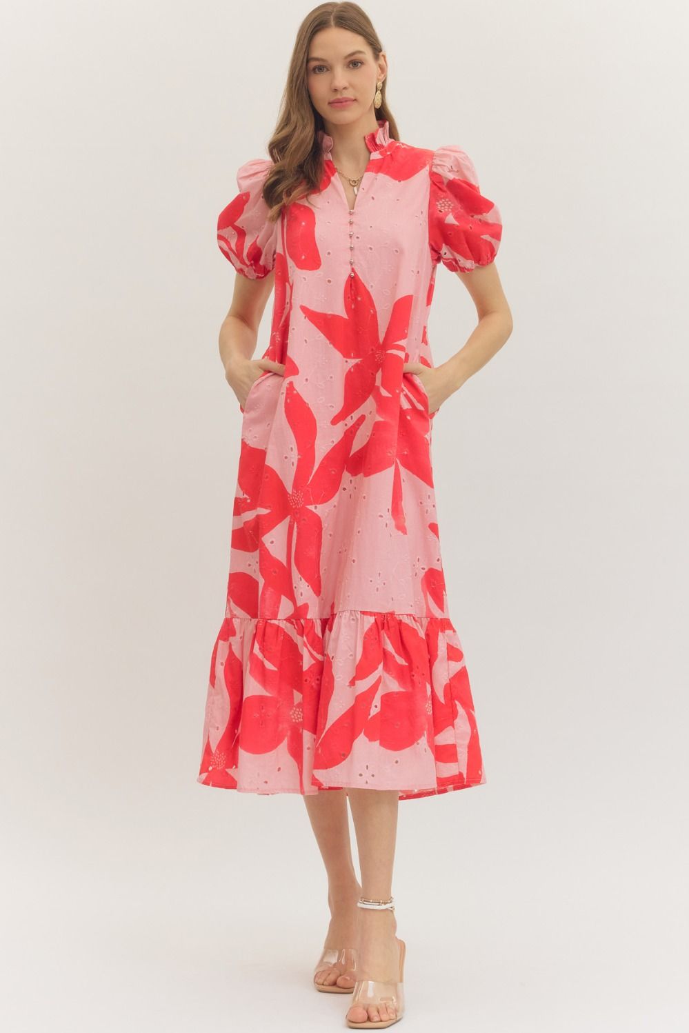 Botanical Eyelet Puff Sleeve Midi Dress - Lush Lemon - Women's Clothing - Entro - 24596161338301