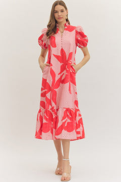 Botanical Eyelet Puff Sleeve Midi Dress - Lush Lemon - Women&