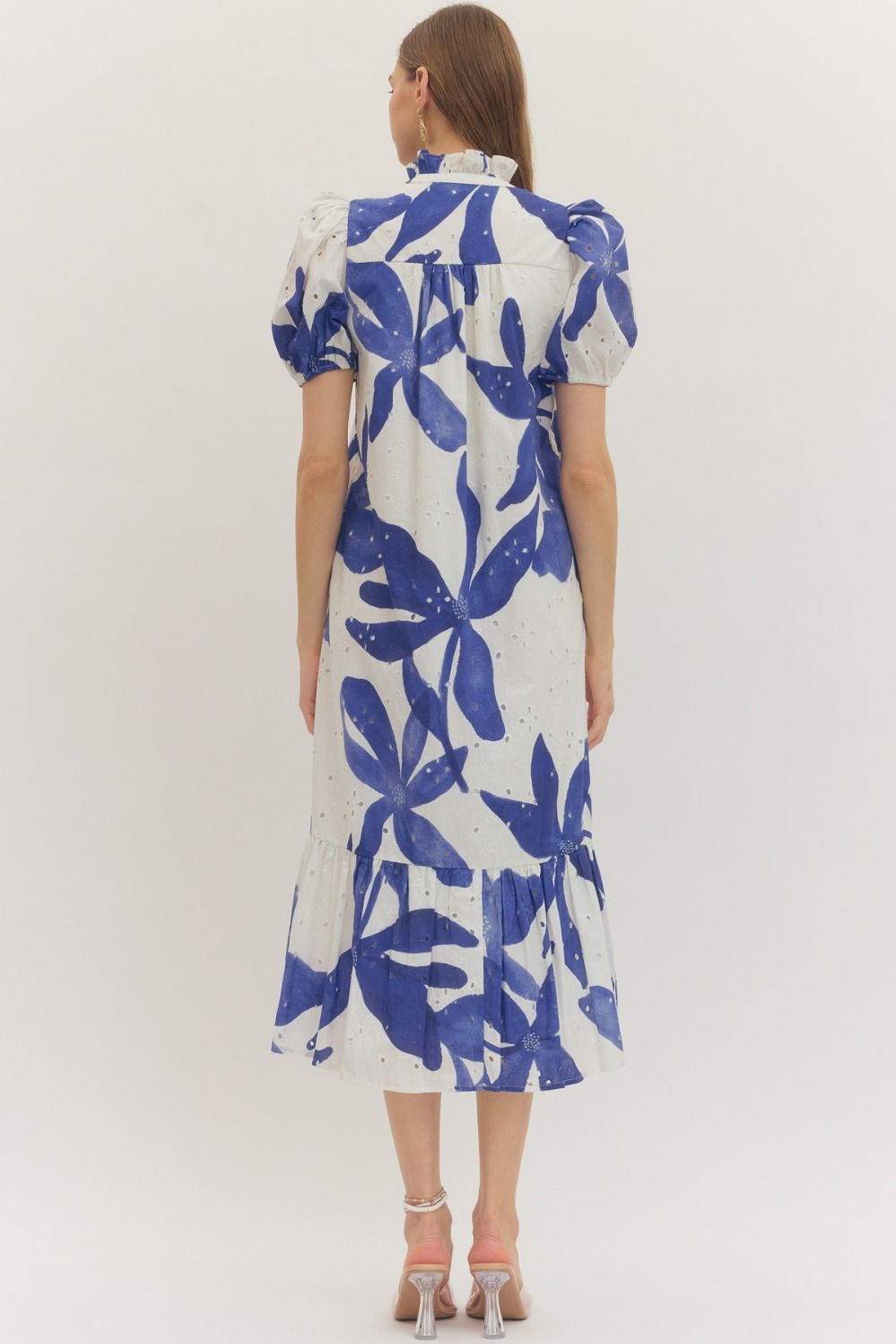 Botanical Eyelet Puff Sleeve Midi Dress - Lush Lemon - Women's Clothing - Entro - 28300791636093
