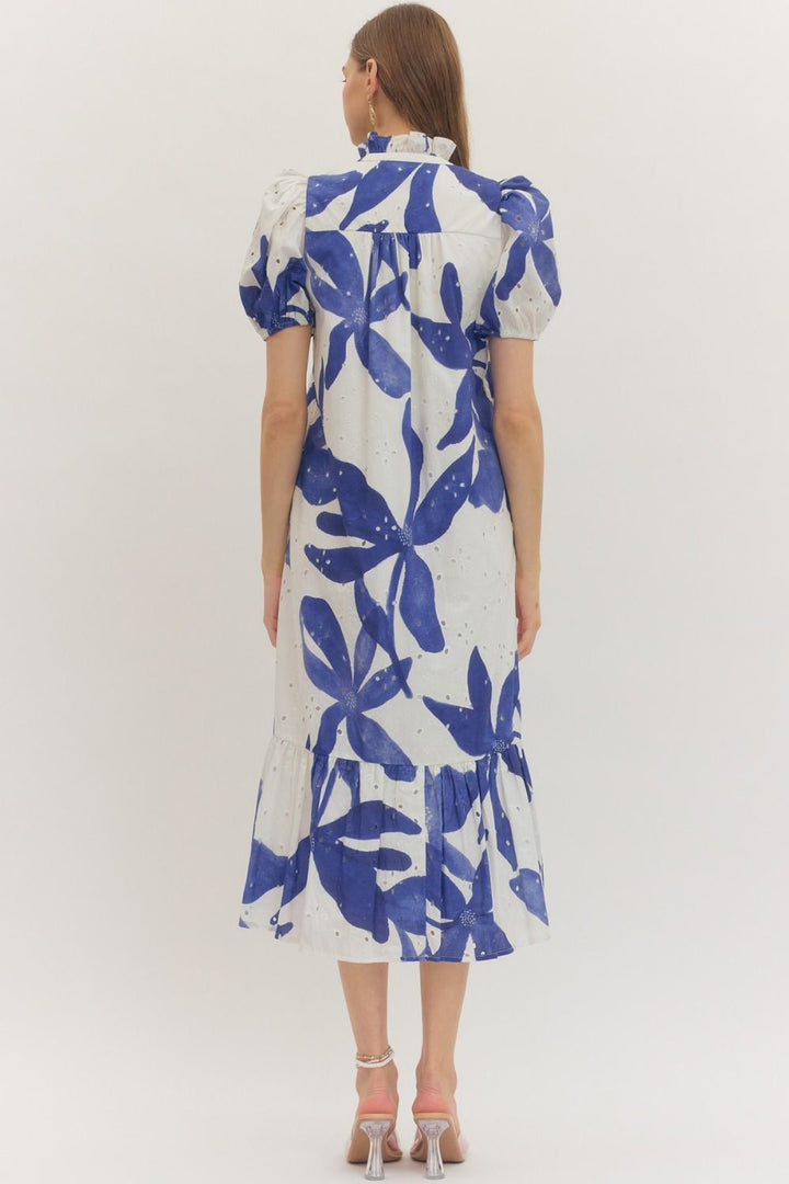 Botanical Eyelet Puff Sleeve Midi Dress - Lush Lemon - Women's Clothing - Entro - 28300791636093