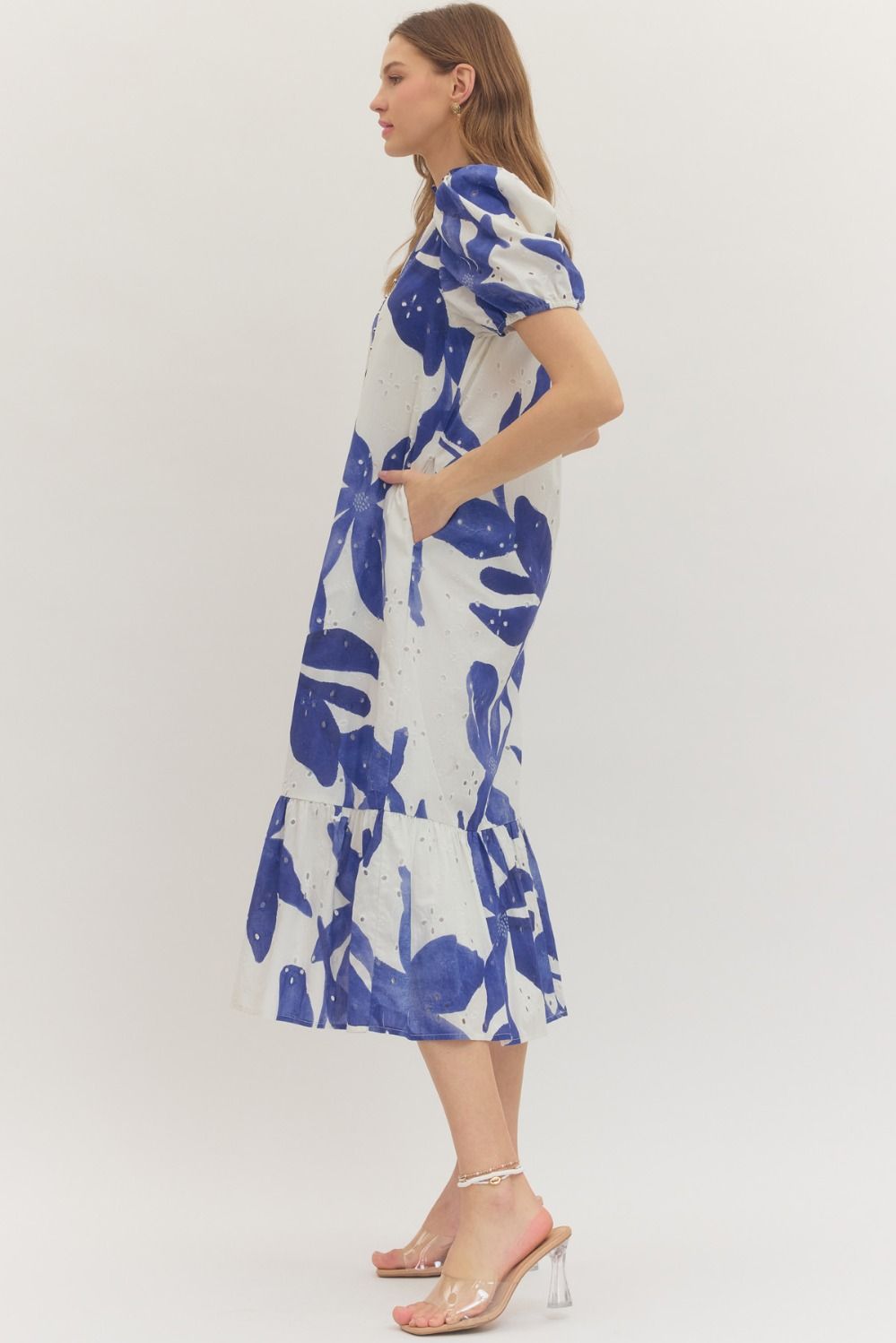 Botanical Eyelet Puff Sleeve Midi Dress - Lush Lemon - Women's Clothing - Entro - 28300791636093